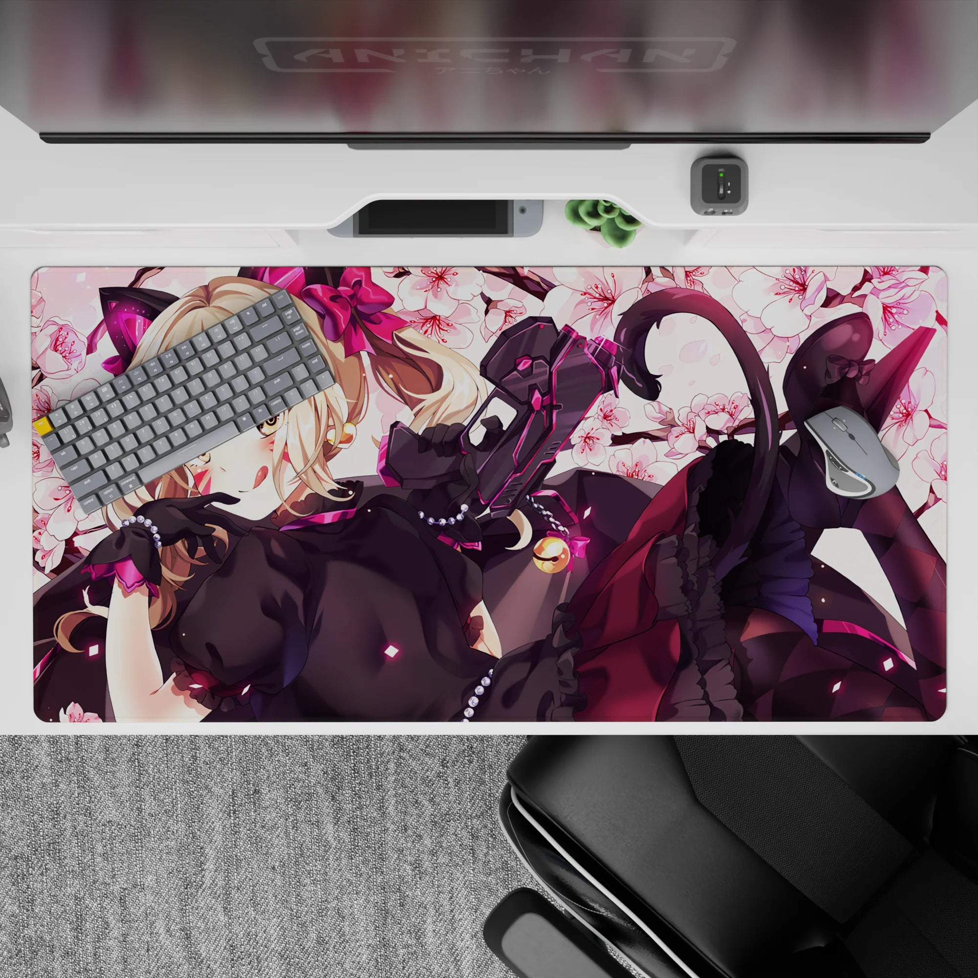 40x20 inches anime desk pad in creamy white and rose pink, hot pink accents, cute bold mischievous mood.