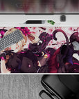 40x20 inches anime desk pad in creamy white and rose pink, hot pink accents, cute bold mischievous mood.