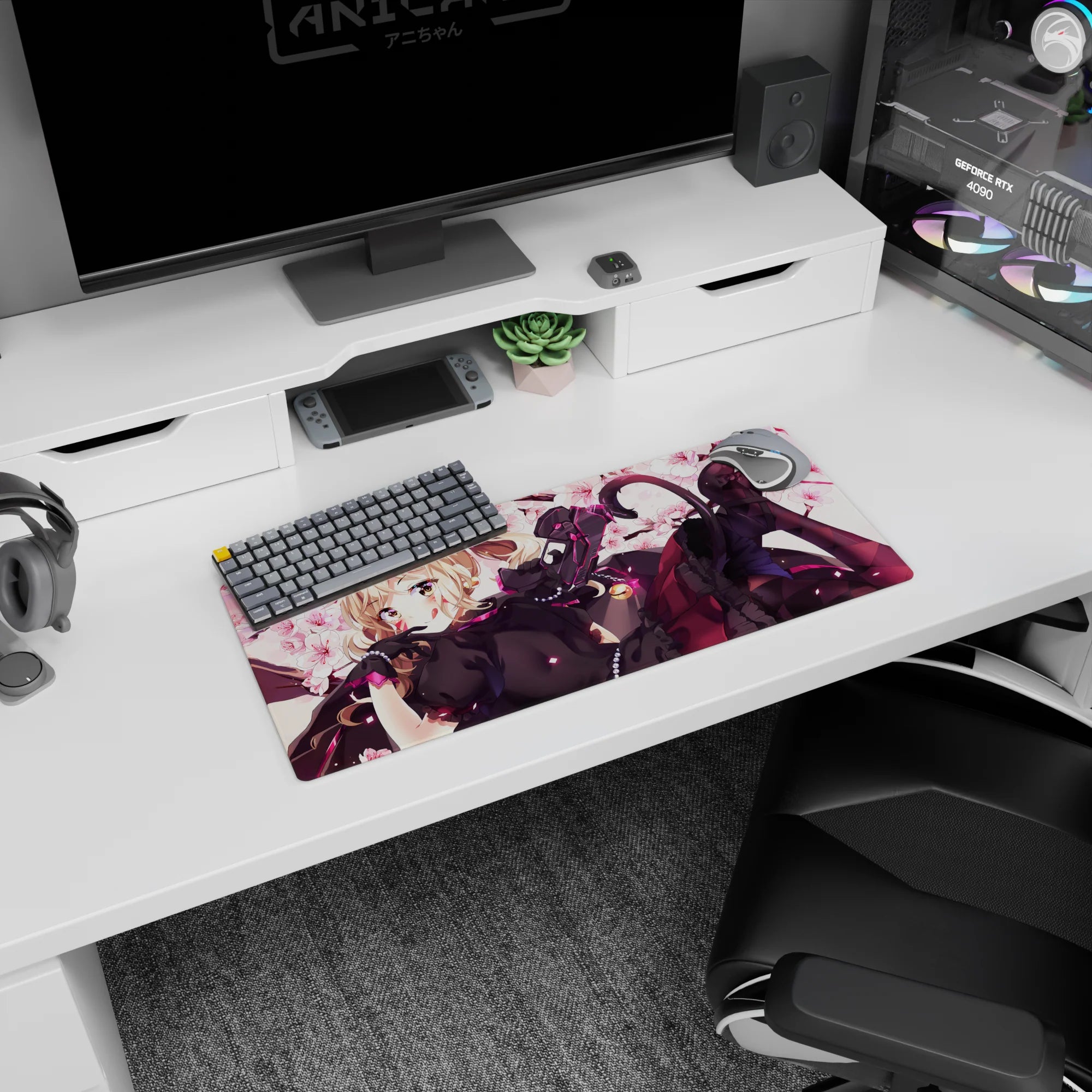 28x12 inches extended mouse pad showing sly blonde catgirl with pink eyes, ribbons, petals, sci-fi blaster.