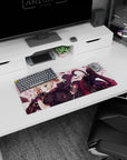 28x12 inches extended mouse pad showing sly blonde catgirl with pink eyes, ribbons, petals, sci-fi blaster.