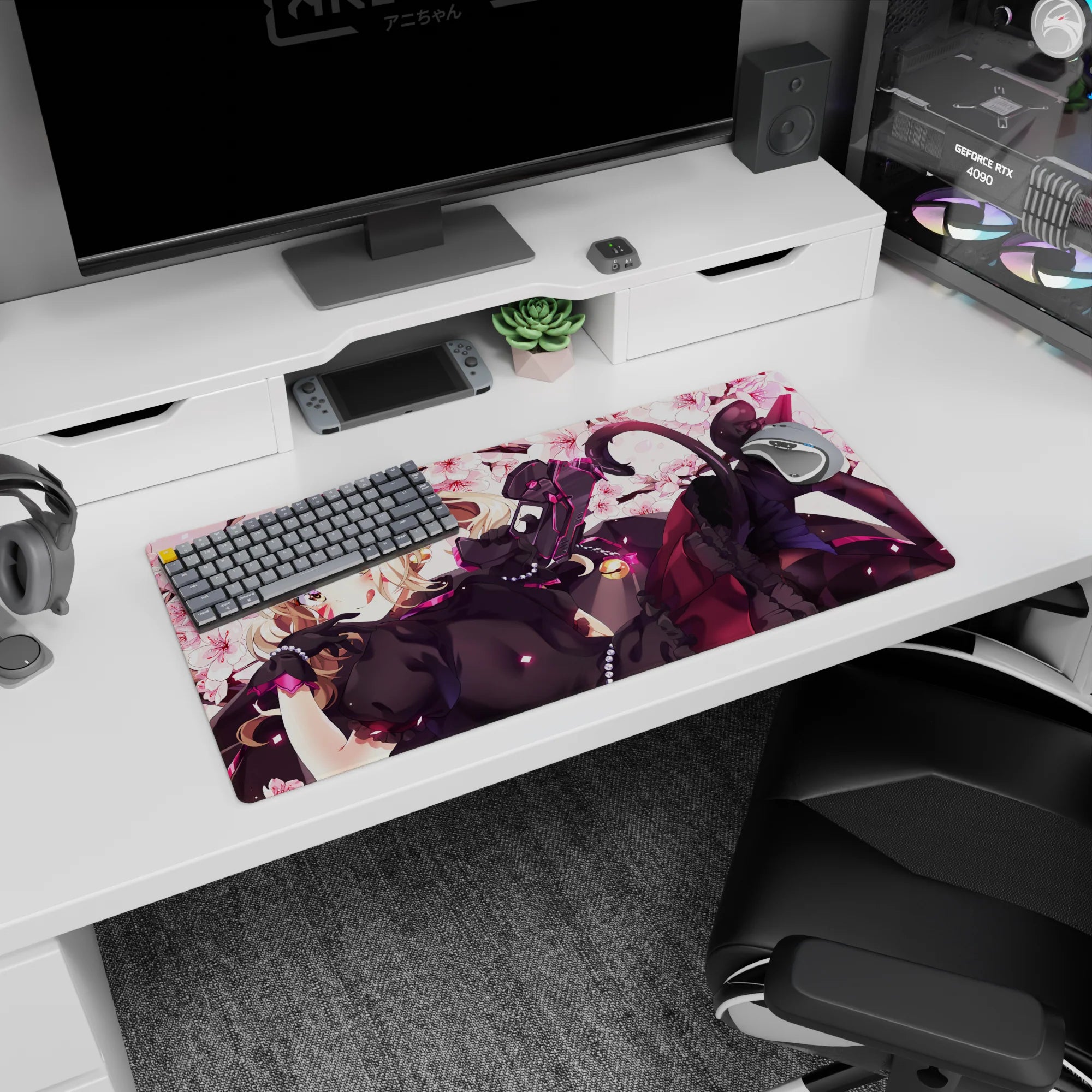 32x16 inches extended mouse pad showing sly blonde catgirl with glossy pink eyes in blossoms, sci-fi gun.