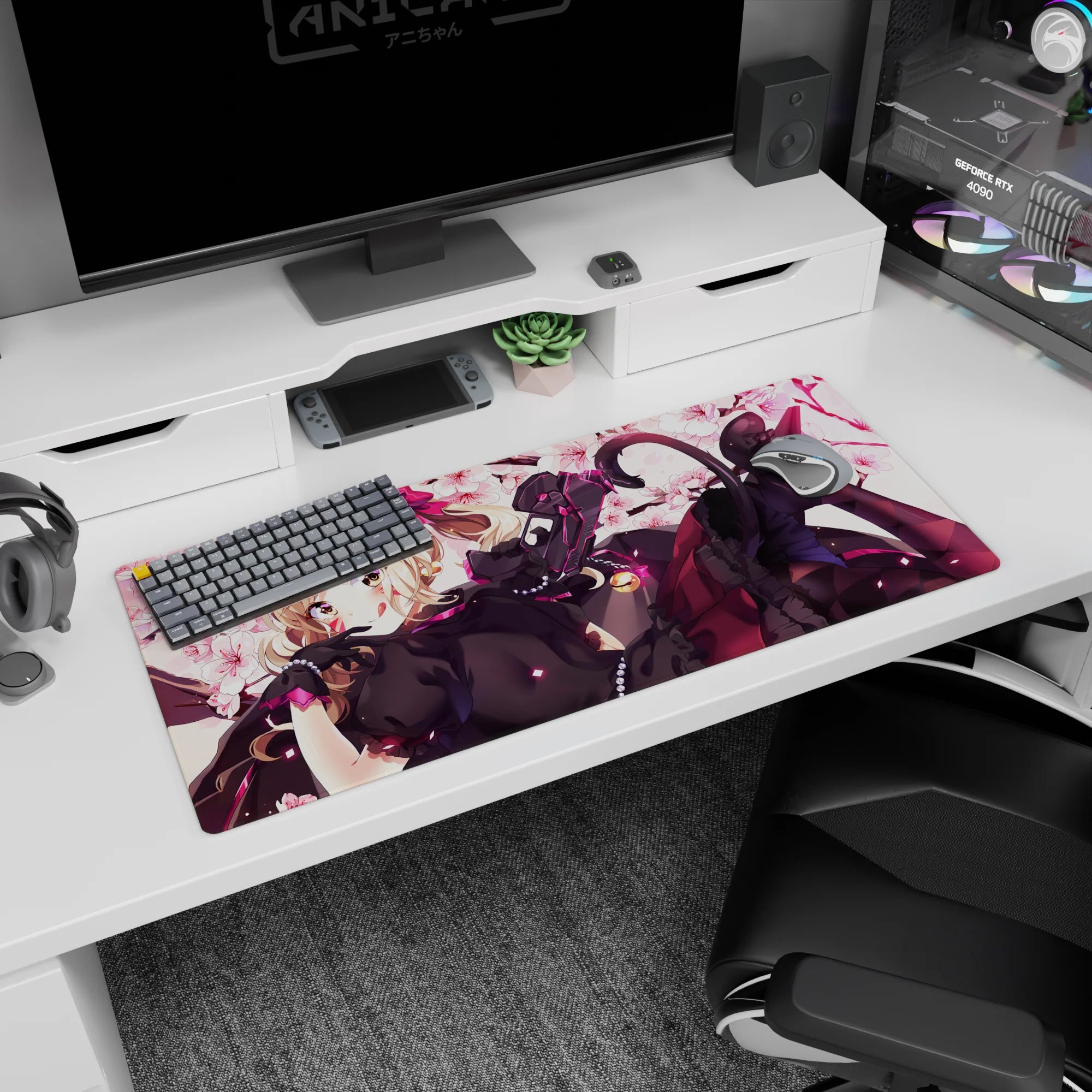 Catgirl anime mouse pad 36x16 inches, blonde curls, sly smile, sci‑fi blaster amid falling petals.