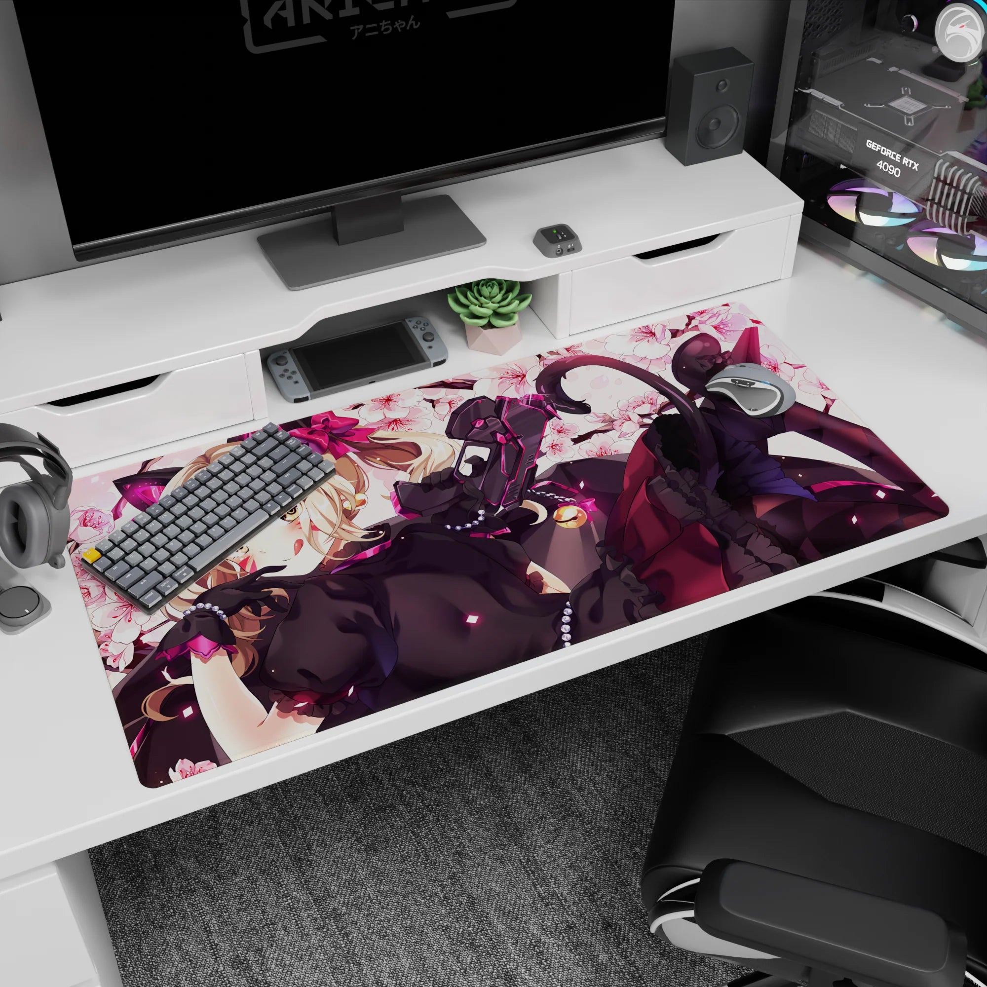 40x20 inches desk pad showing blonde anime catgirl with pink eyes, tiny bell, sly smile, sci-fi blaster.