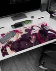 40x20 inches desk pad showing blonde anime catgirl with pink eyes, tiny bell, sly smile, sci-fi blaster.
