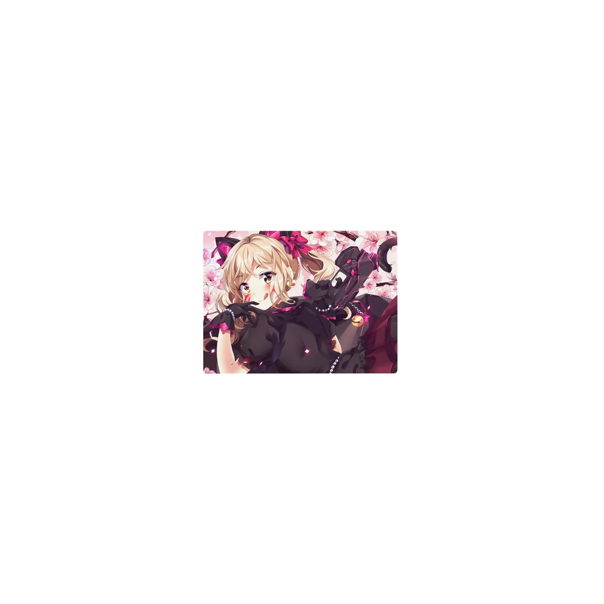 Classic anime girl mouse pad 14x10 inches with blonde curls, pink eyes, lace dress, cherry blossoms.