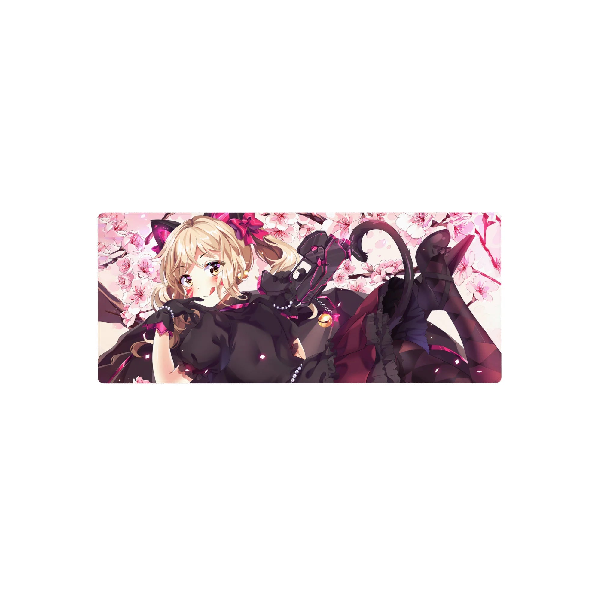 28x12 inches anime girl mouse pad with blonde catgirl in black lace, bell collar, cherry blossom backdrop.