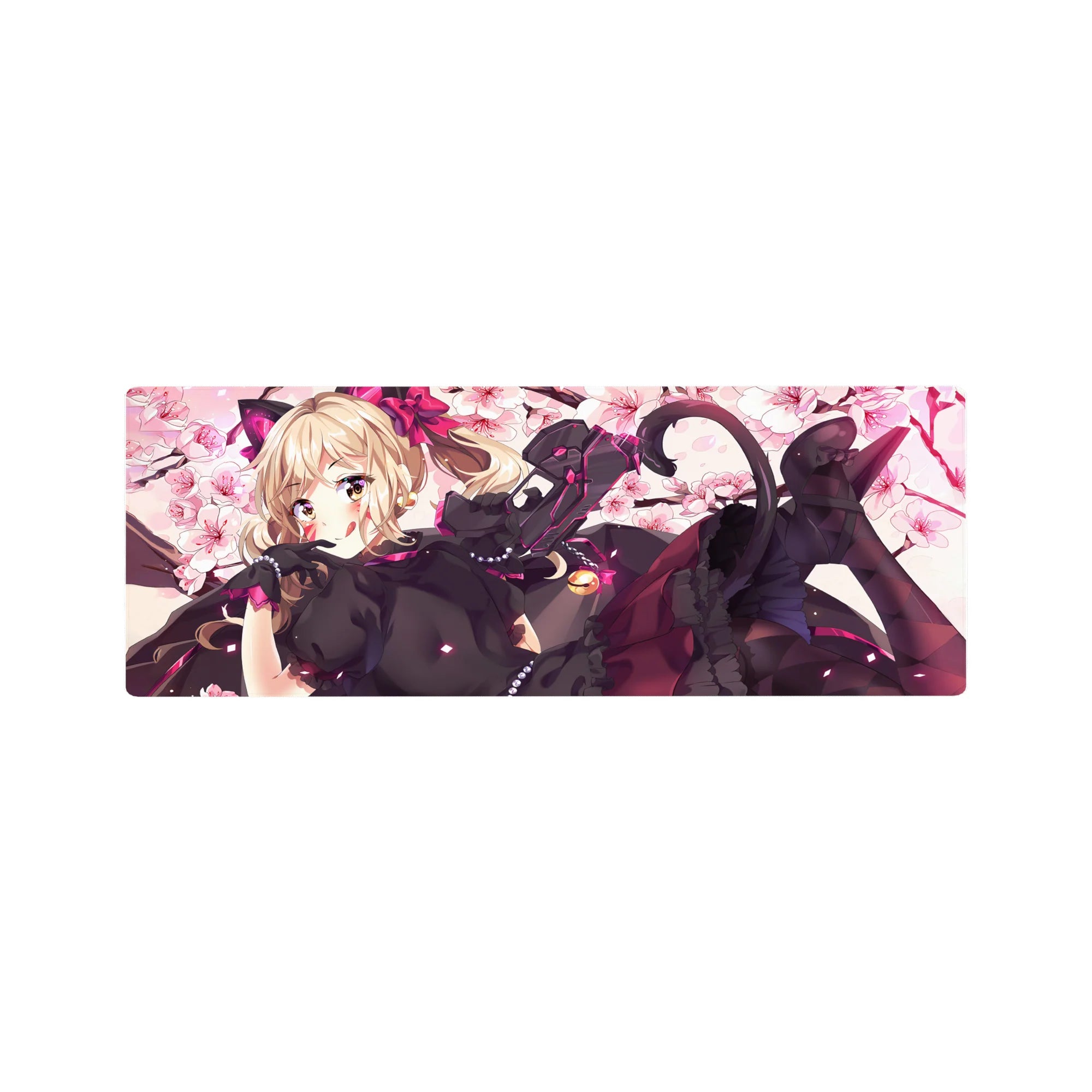 32x12 inches anime girl mouse pad with blonde curls, pink eyes, black lace dress, cherry blossoms, blaster.