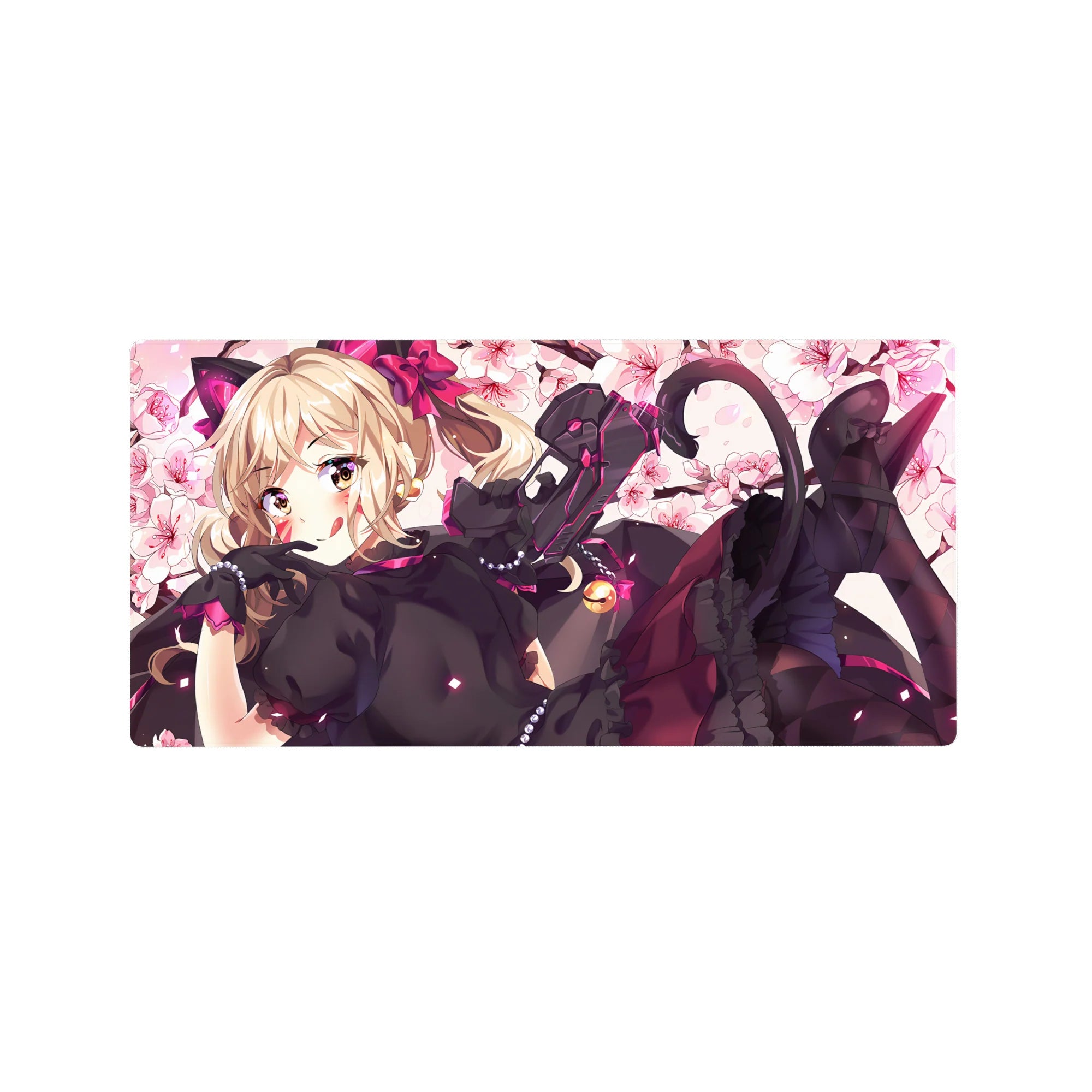 32x16 inches anime girl mouse pad with blonde catgirl, lace dress, bell ribbon, cherry blossom petals, blaster.