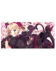 32x16 inches anime girl mouse pad with blonde catgirl, lace dress, bell ribbon, cherry blossom petals, blaster.