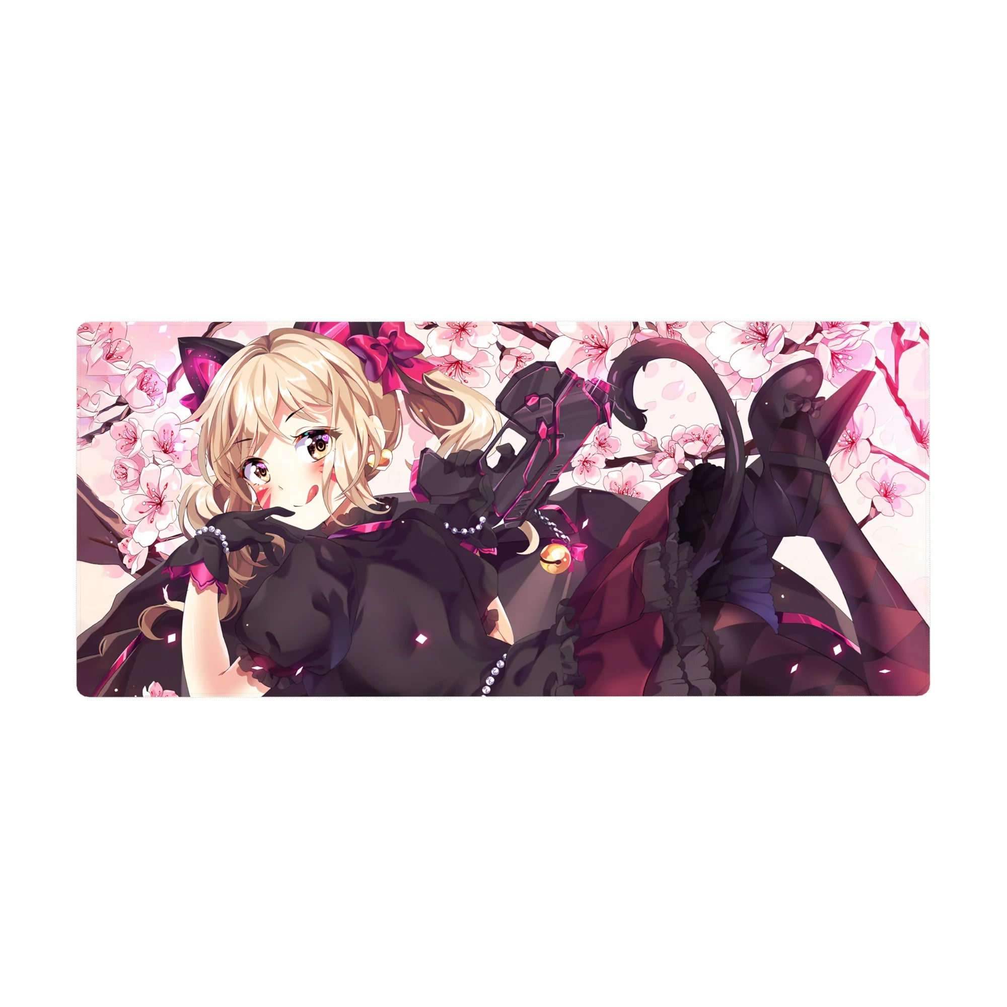 Anime girl desk pad 36x16 inches with catgirl in black lace, ribbons, bell, cherry blossom backdrop.