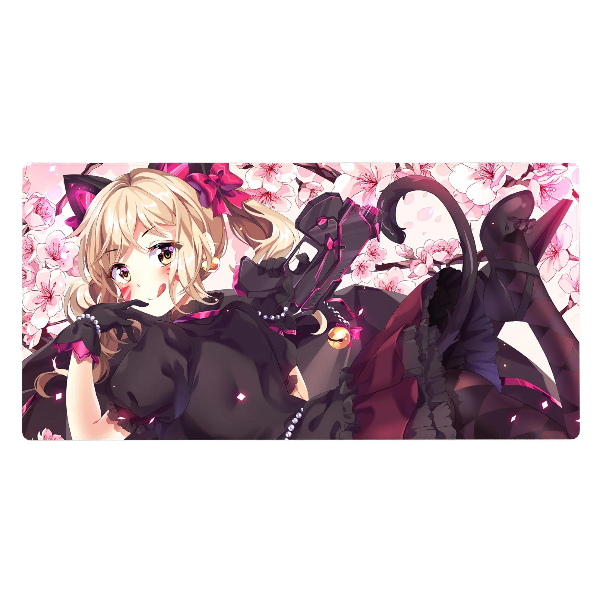 40x20 inches anime girl desk pad with catgirl vibe, black lace dress, ribbons, cherry blossom petals.