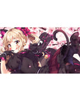 40x20 inches anime girl desk pad with catgirl vibe, black lace dress, ribbons, cherry blossom petals.