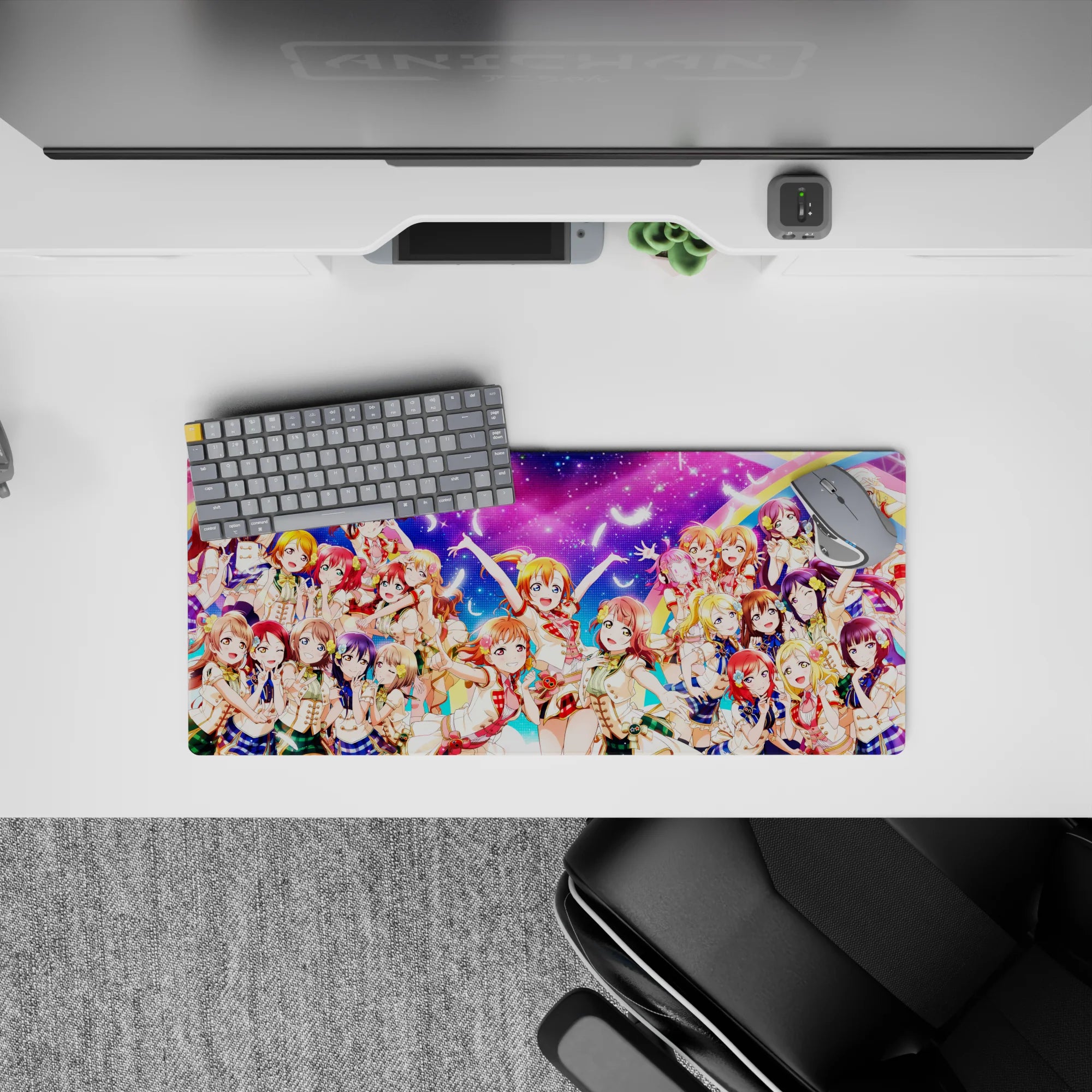 Neon pink, candy blue, rainbow arc anime girl mouse pad 28x12 inches with sparkly upbeat idol vibe.