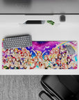 Neon pink and candy blue anime girl mouse pad 32x12 inches with rainbow arcs and bright idol energy.