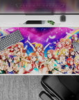 Neon pink and candy blue rainbow anime girl desk pad with bright cheerful idol vibe, 40x20 inches.