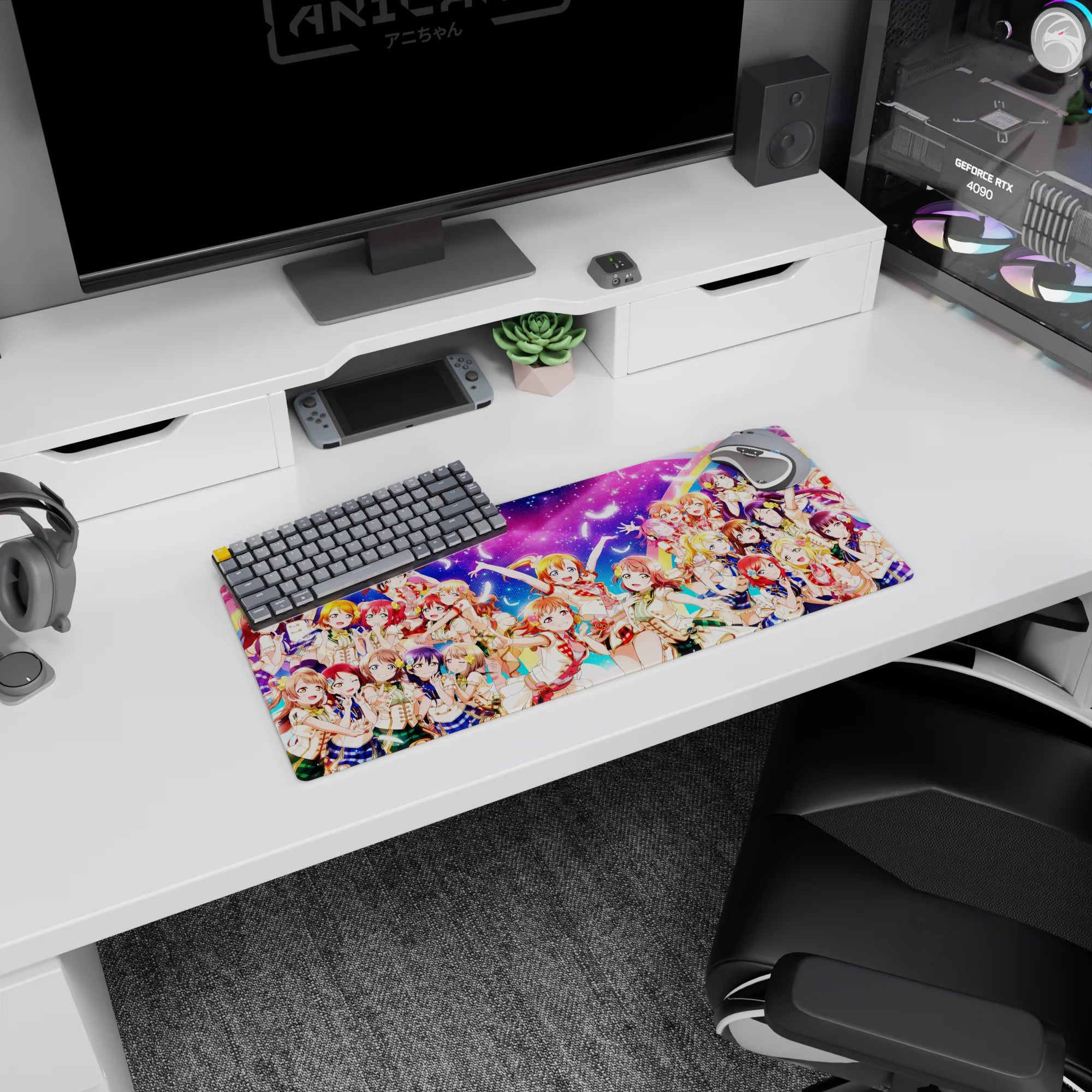 Honoka Kousaka, Kotori Minami, Umi Sonoda smiling with drifting feathers anime girl mouse pad 28x12 inches.