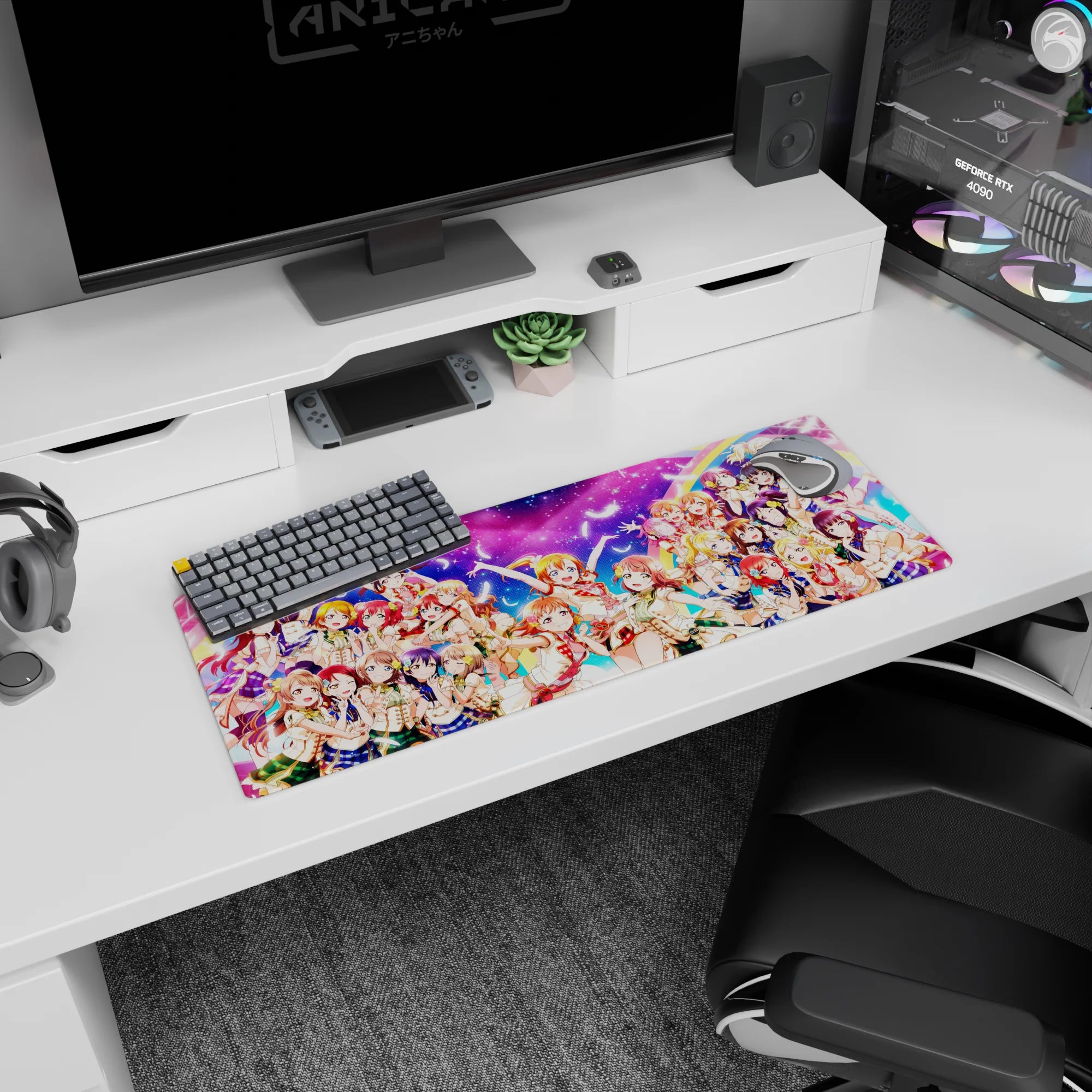 Honoka Kousaka with Kotori and Umi anime girl mouse pad 32x12 inches, feathers drifting over μ's.