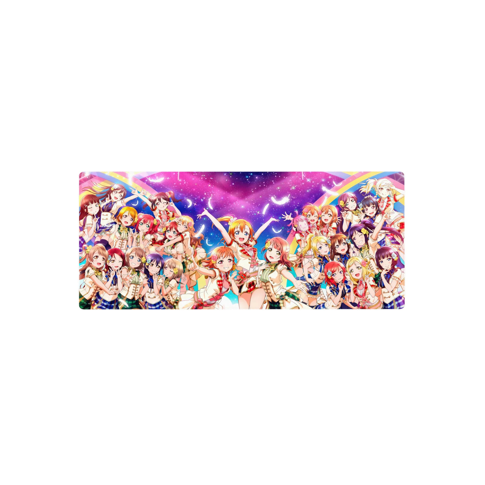 Love Live μ's anime girl mouse pad 28x12 inches with Honoka, Kotori, Umi in bright group pose.
