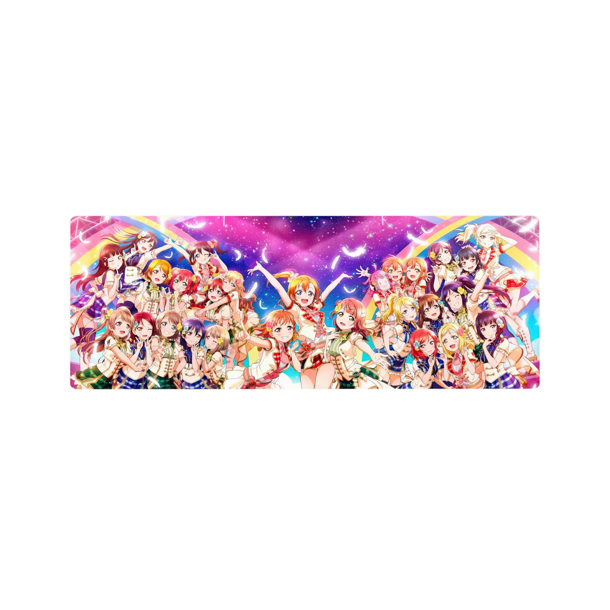 Love Live μ's anime girl mouse pad 32x12 inches with Honoka, Kotori, and Umi in sparkly group pose.