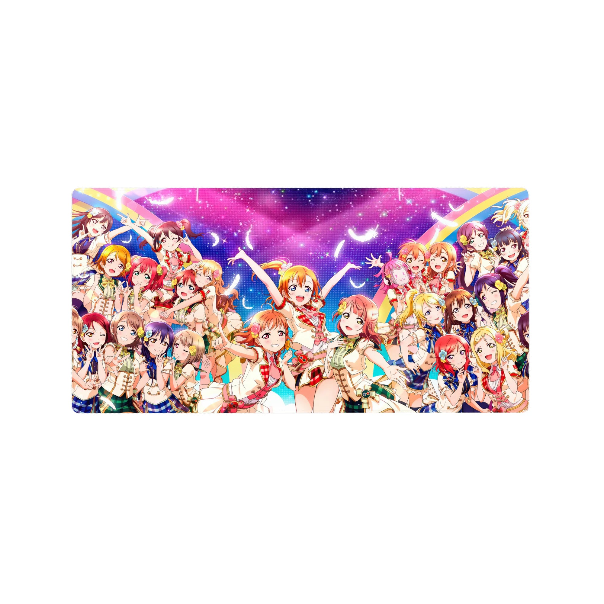Love Live μ's anime girl mouse pad, group hug pose with sparkly outfits, 32x16 inches.