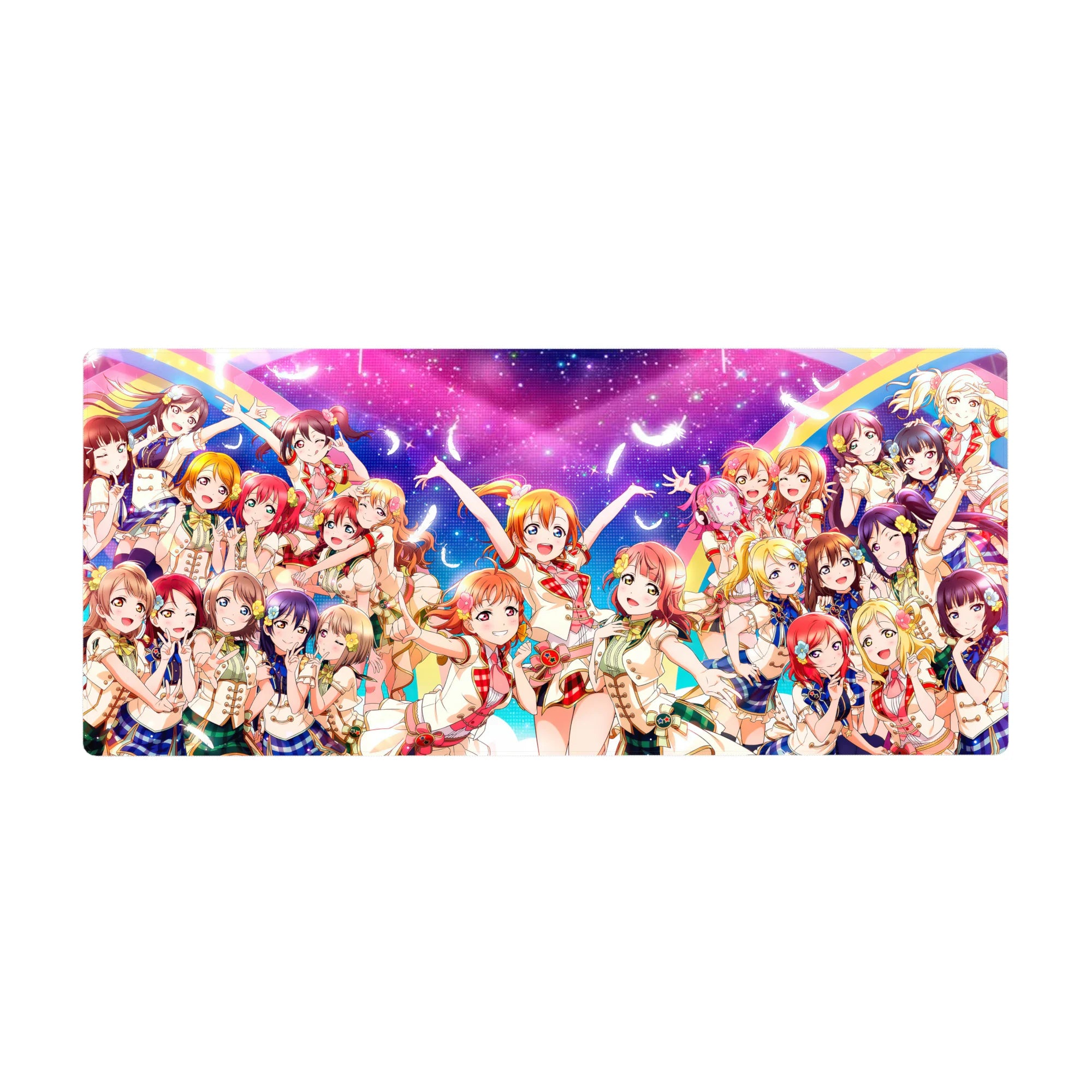 Love Live μ's group anime girl desk pad, crisp print with sparkly outfits, 36x16 inches.