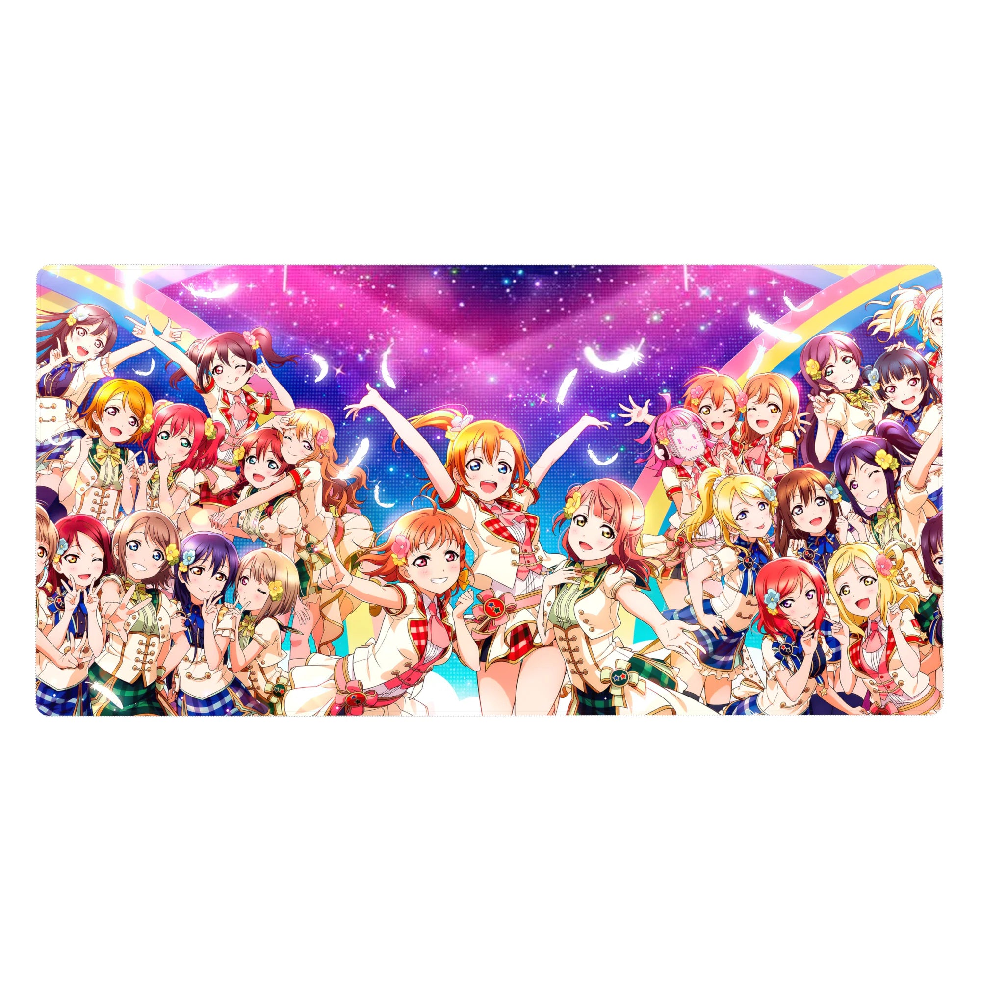 Love Live μ's group anime girl desk pad with sparkly outfits, feathers, and rainbow arcs, 40x20 inches.