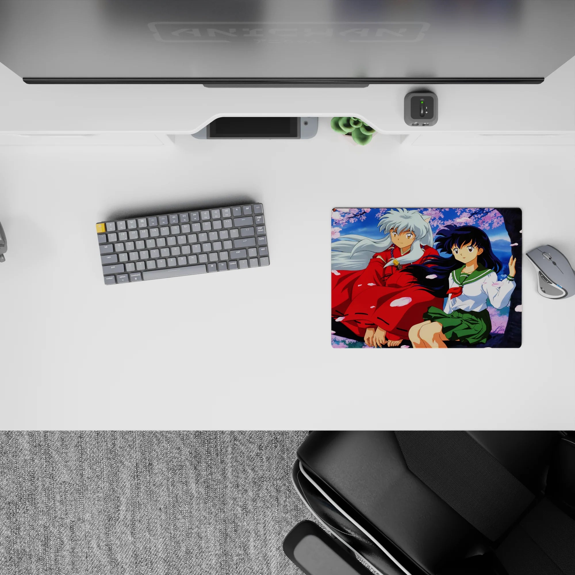14x10 inches classic anime mouse pad in soft sky blues and pink sakura petals, calm romantic desk aesthetic.