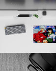 14x10 inches classic anime mouse pad in soft sky blues and pink sakura petals, calm romantic desk aesthetic.