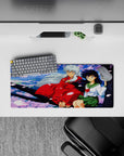 28x12 inches anime mouse pad in soft sky blues and pink sakura petals, calm romantic desk aesthetic.