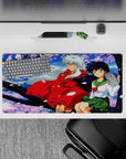 32x16 inches anime mouse pad in soft sky blues and pink sakura petals, calm romantic desk aesthetic.