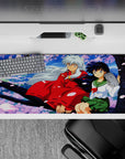36x16 inches anime desk pad in soft sky blues and pink sakura petals, calm romantic vibe for fans.