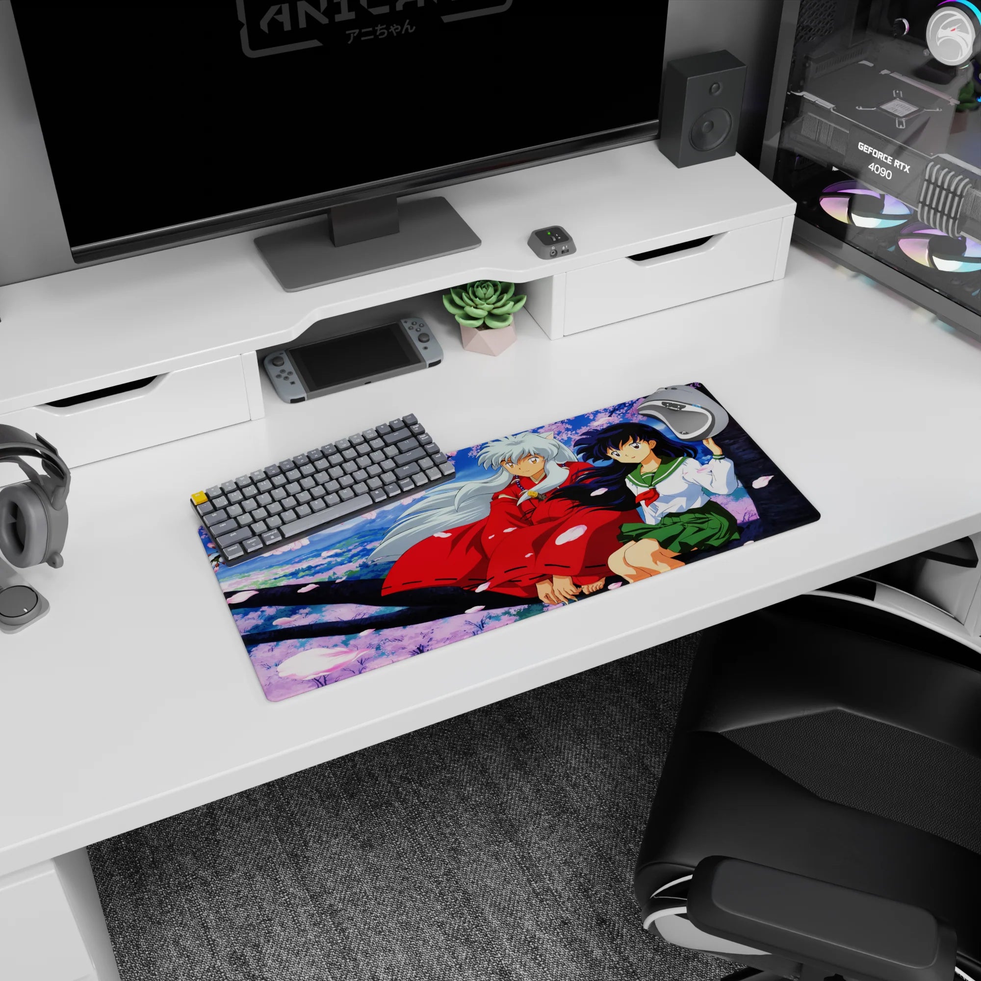 28x12 inches anime mouse pad showing Inuyasha in red haori with Kagome in sailor uniform under sakura.