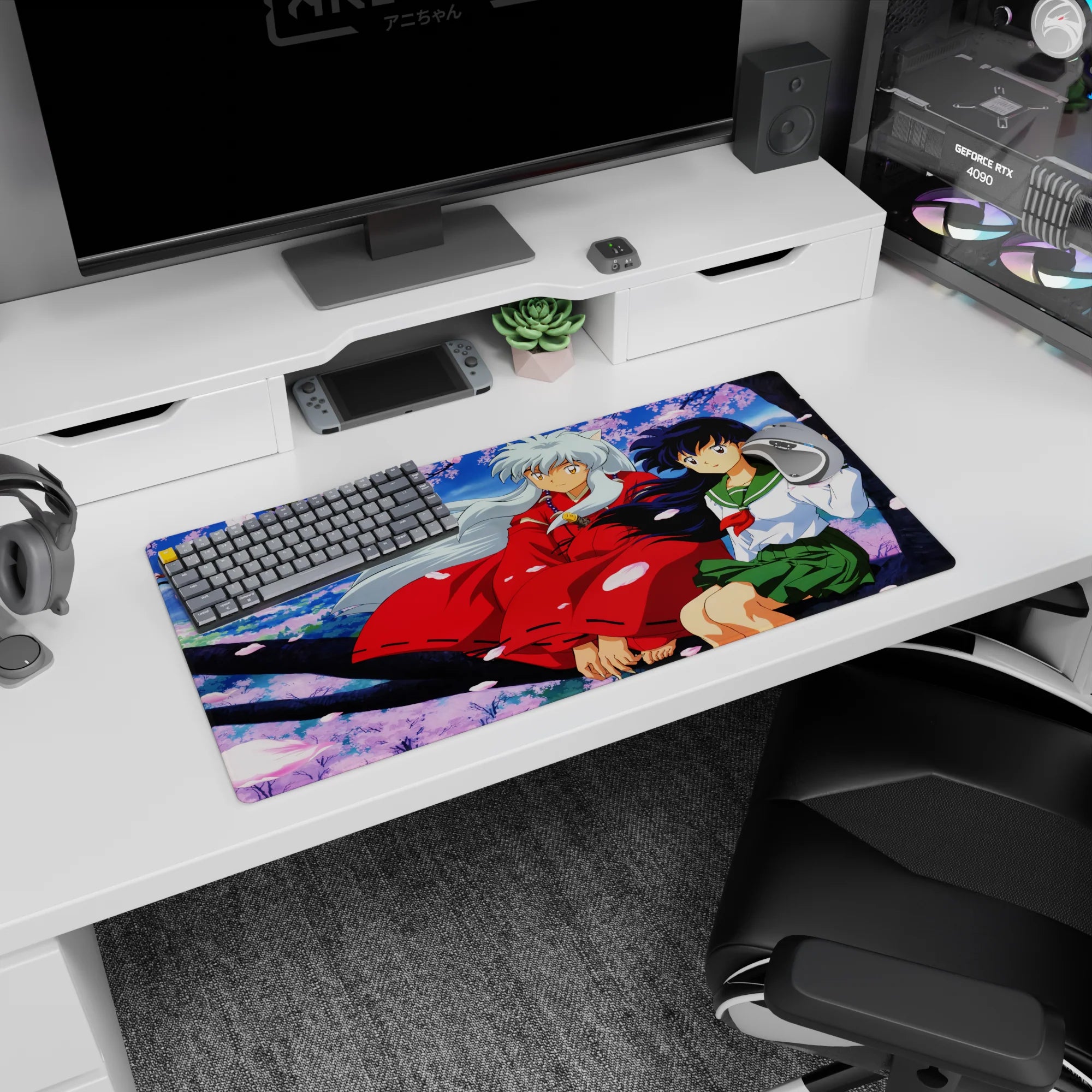 32x16 inches anime mouse pad featuring Inuyasha and Kagome sharing a quiet sakura moment on a dark branch.