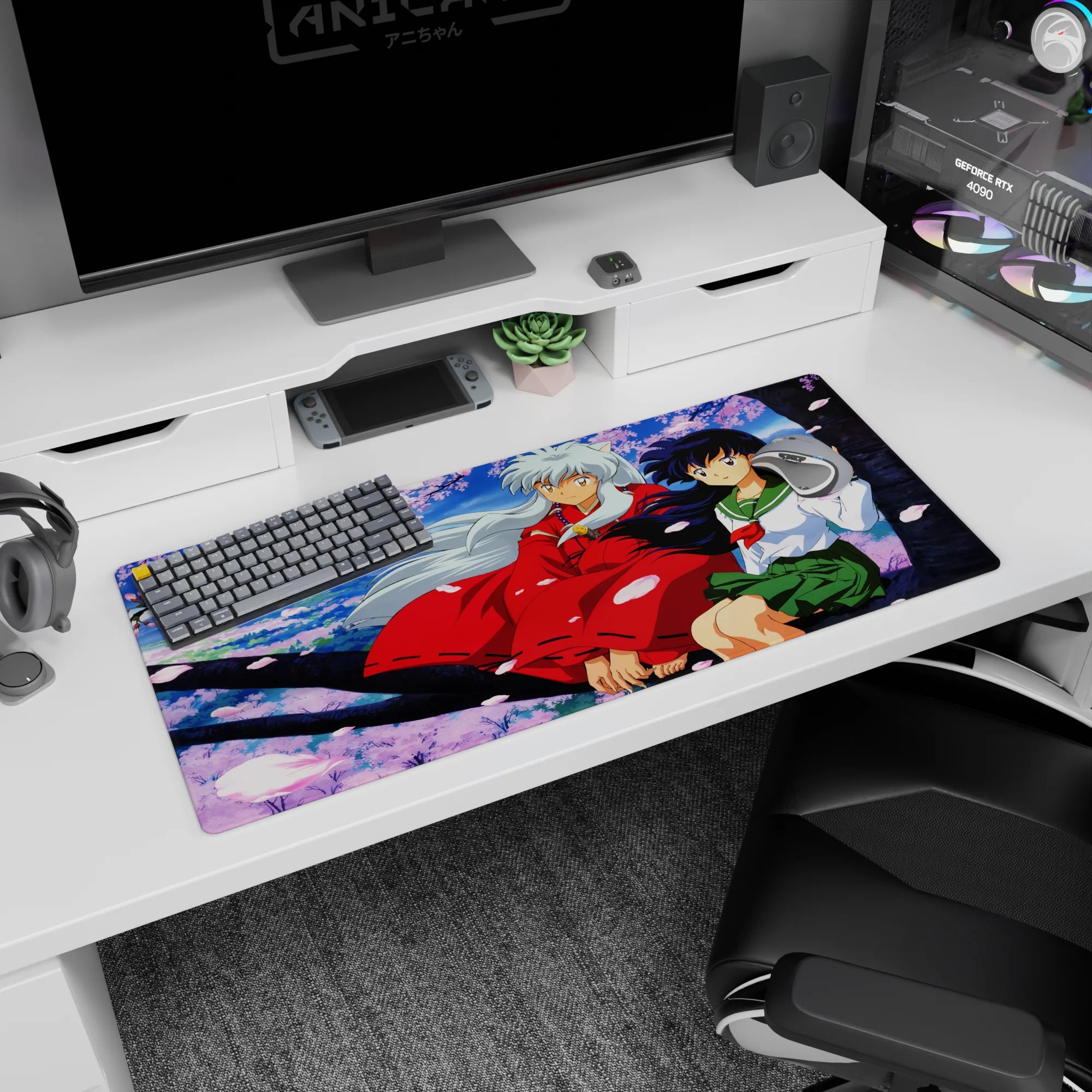 36x16 inches anime desk pad showing Inuyasha in red haori with Kagome on a dark branch amid sakura.
