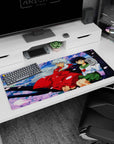 36x16 inches anime desk pad showing Inuyasha in red haori with Kagome on a dark branch amid sakura.