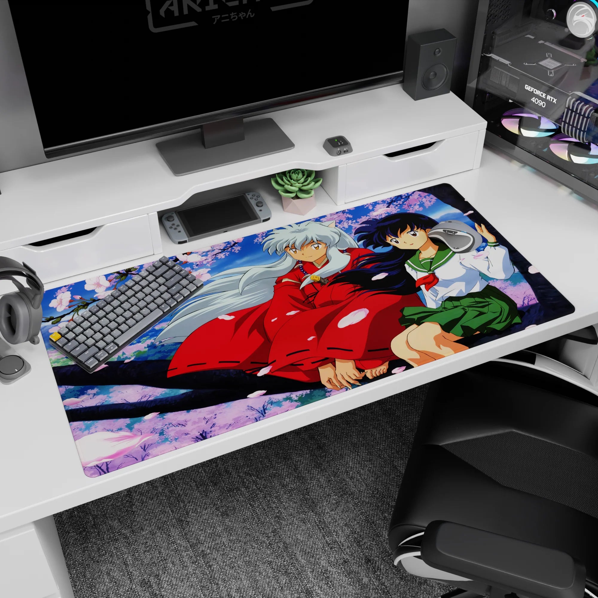 40x20 inches anime desk pad showing Inuyasha in red haori with Kagome on a dark branch, eye contact.