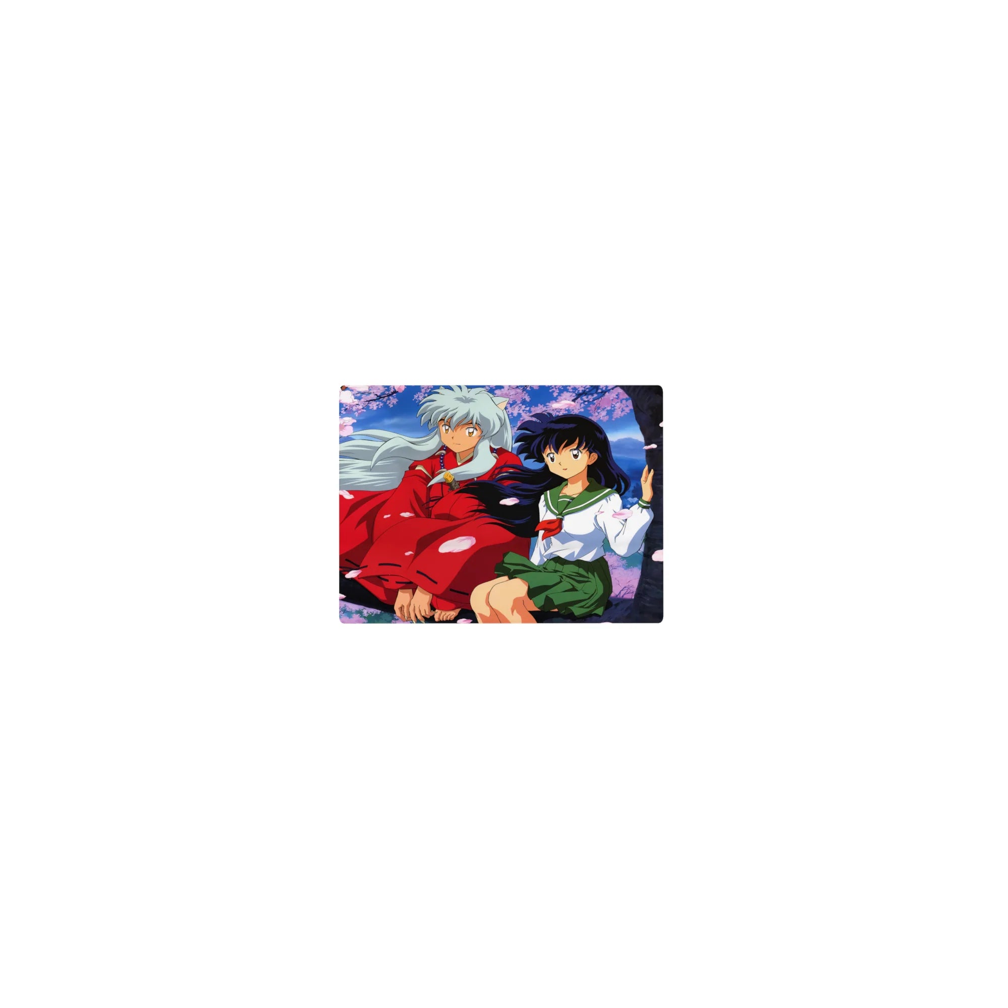 14x10 inches classic anime mouse pad with Inuyasha and Kagome under cherry blossoms, pastel valley view.