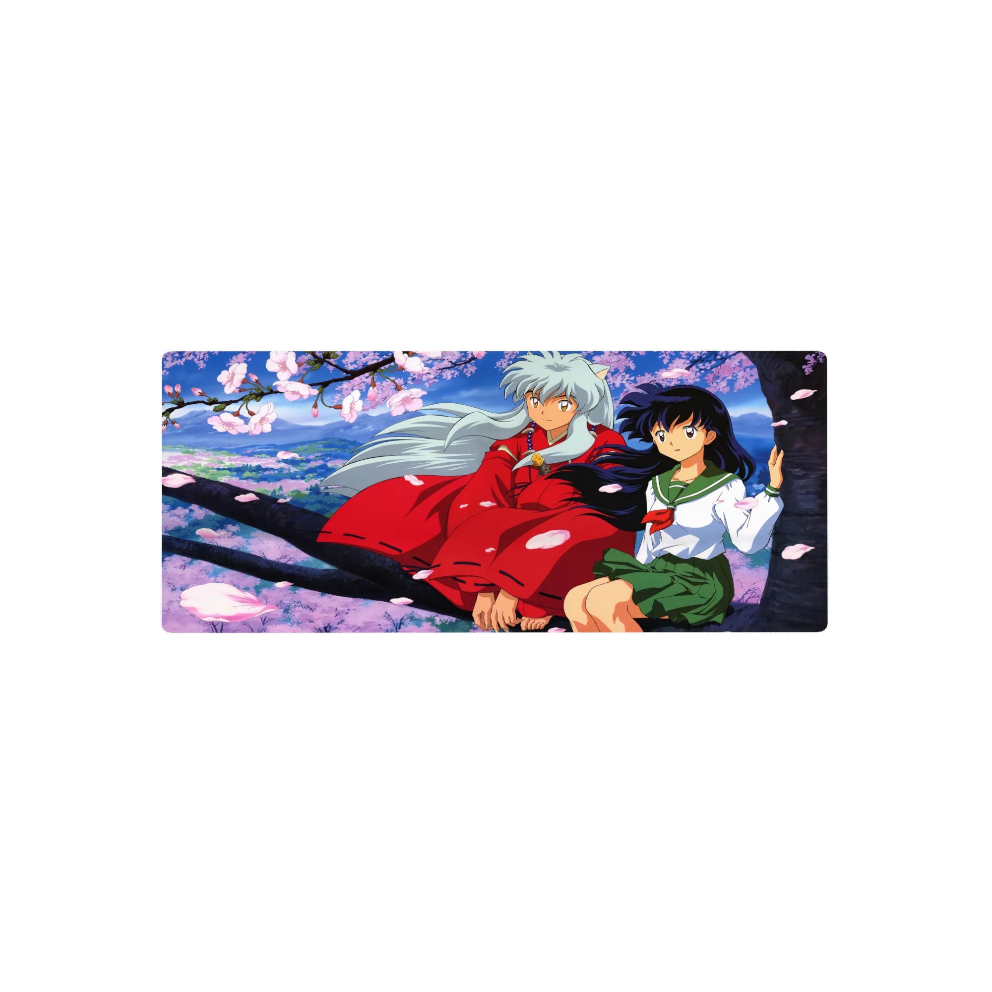 28x12 inches anime mouse pad with cherry blossoms, Inuyasha and Kagome on a branch above a valley.