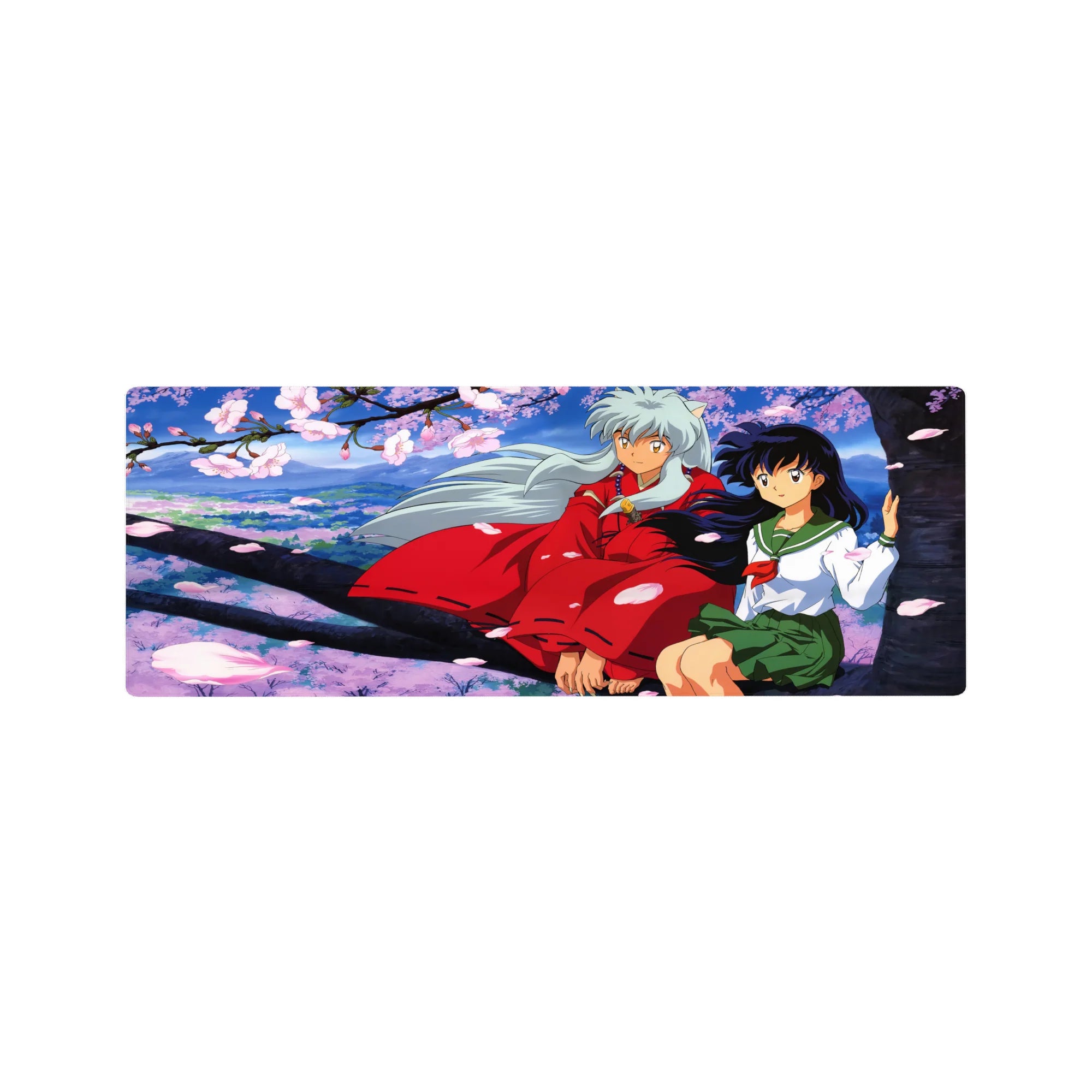 32x12 inches anime mouse pad with Inuyasha and Kagome under cherry blossoms on a dark tree branch.