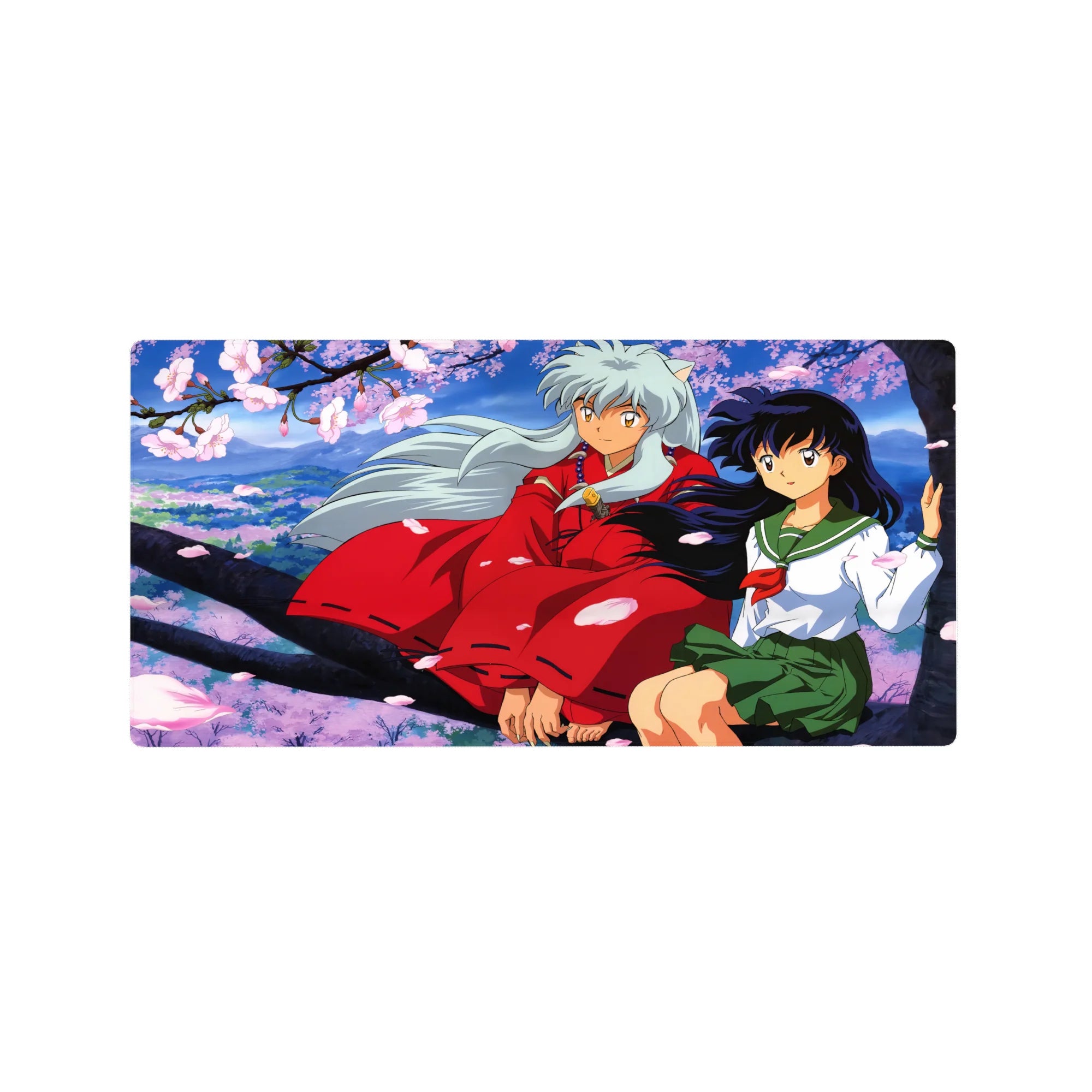 32x16 inches anime mouse pad with cherry blossoms, Inuyasha-style couple on a branch over pastel valley.