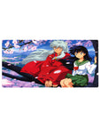 32x16 inches anime mouse pad with cherry blossoms, Inuyasha-style couple on a branch over pastel valley.