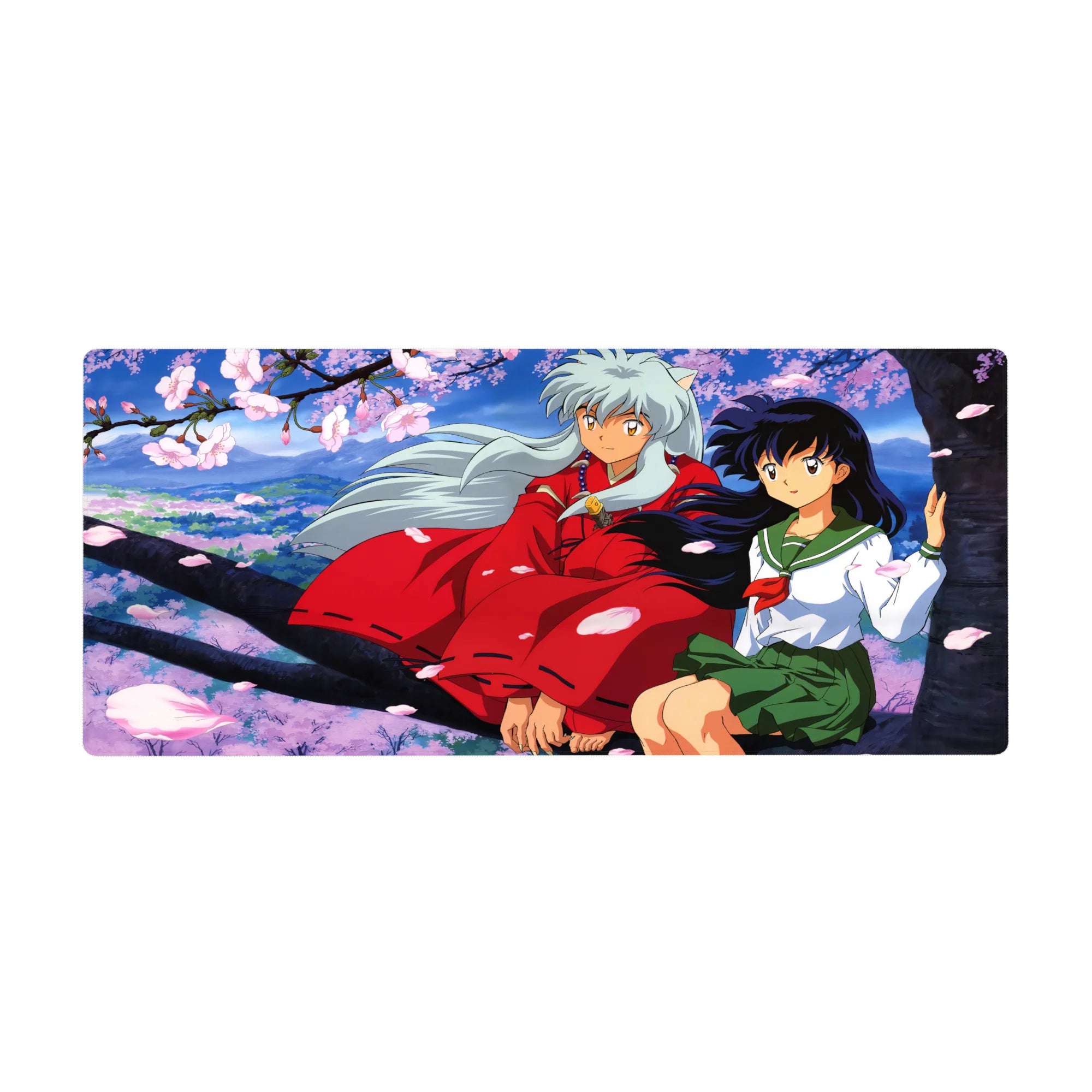 36x16 inches anime desk pad with Inuyasha and Kagome under cherry blossoms above a pastel valley.