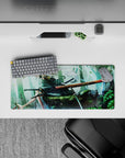 28x12 inches anime girl mouse pad in misty teal greens with ink-wash shadows, drifting petals, calm yet dangerous mood.