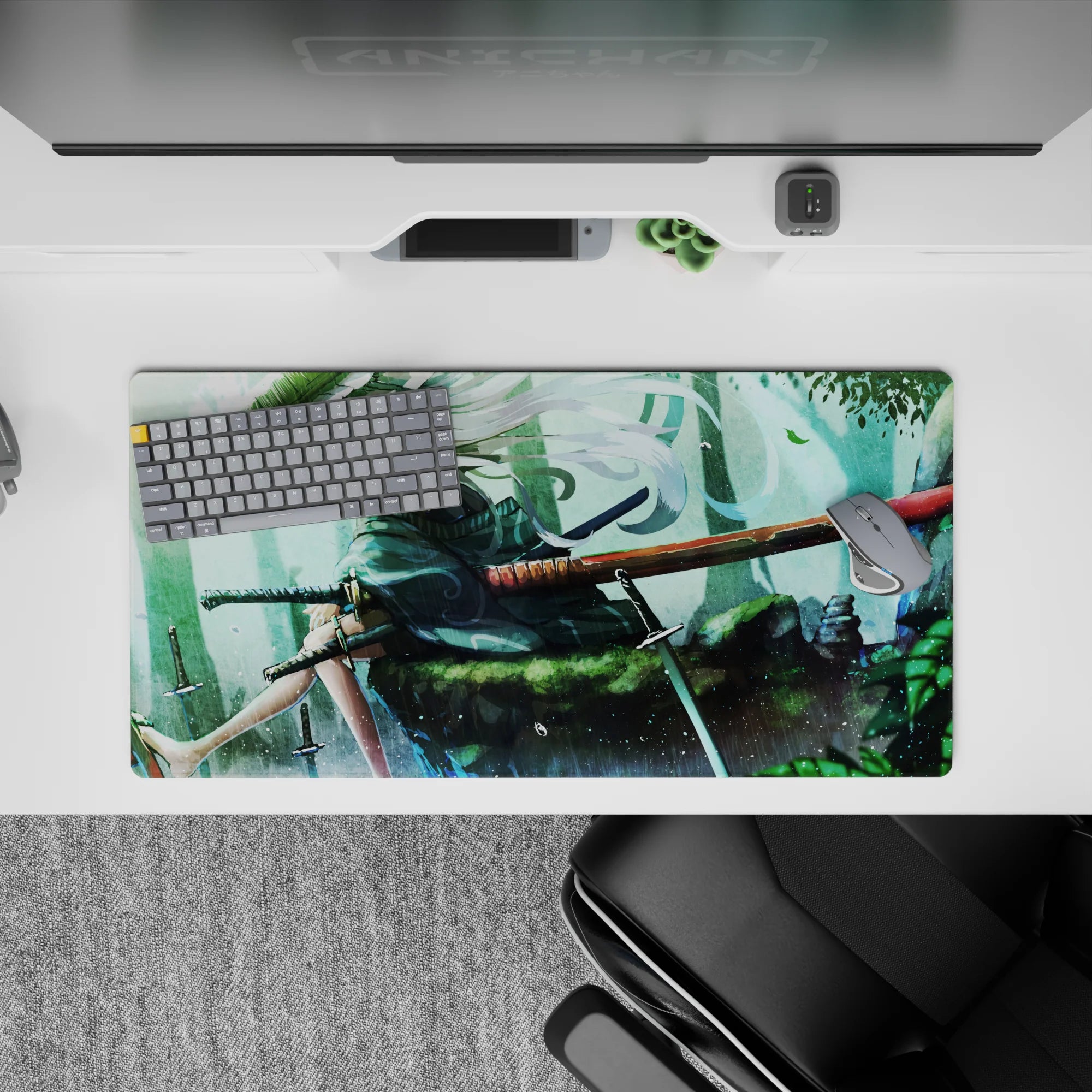 Misty teal forest mood anime girl mouse pad 32x16 inches with ink-splash shadows and drifting petals.