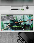 Misty teal forest mood anime girl mouse pad 32x16 inches with ink-splash shadows and drifting petals.
