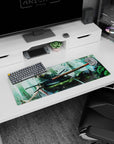 Anime girl mouse pad 32x12 inches showing a wandering swordswoman on mossy stone, blade across her lap in rain.