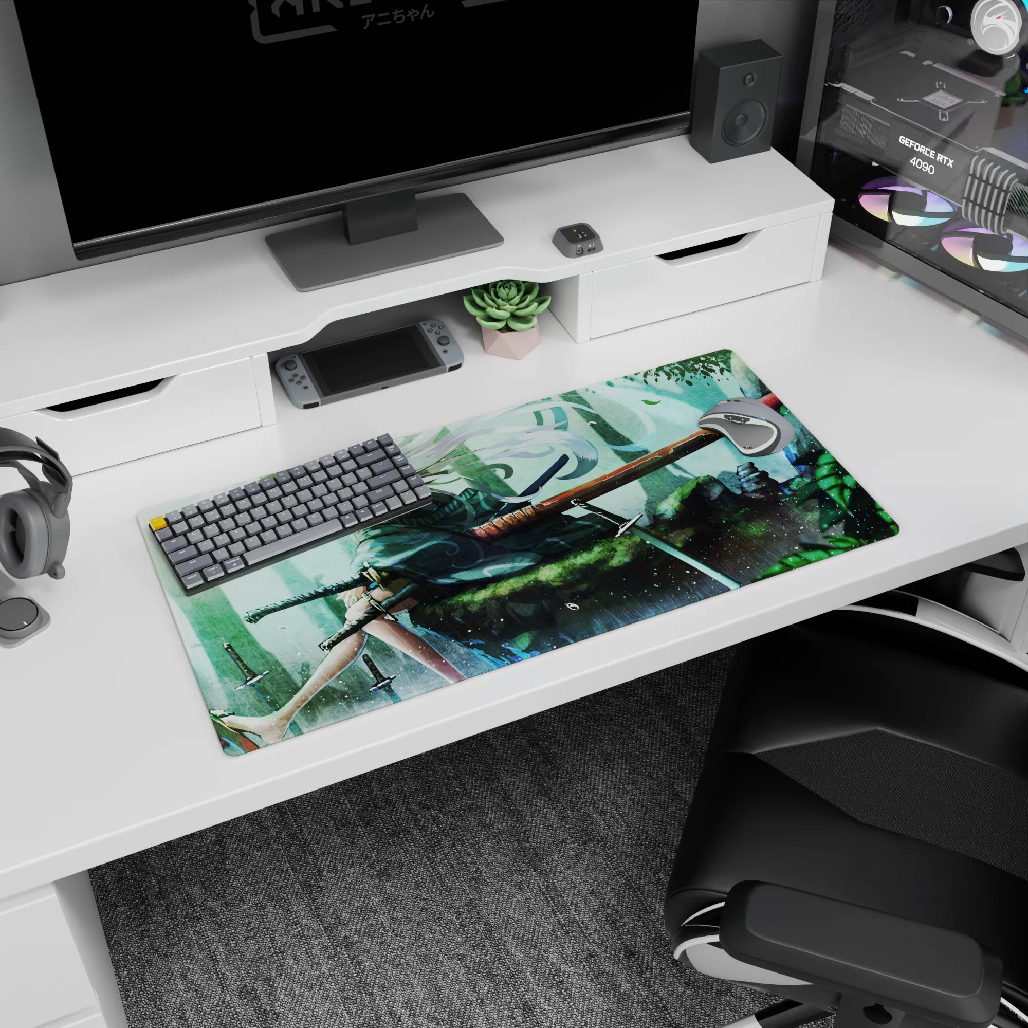 Silver-haired ronin girl on mossy stone with red-sheathed blade, anime mouse pad 32x16 inches.