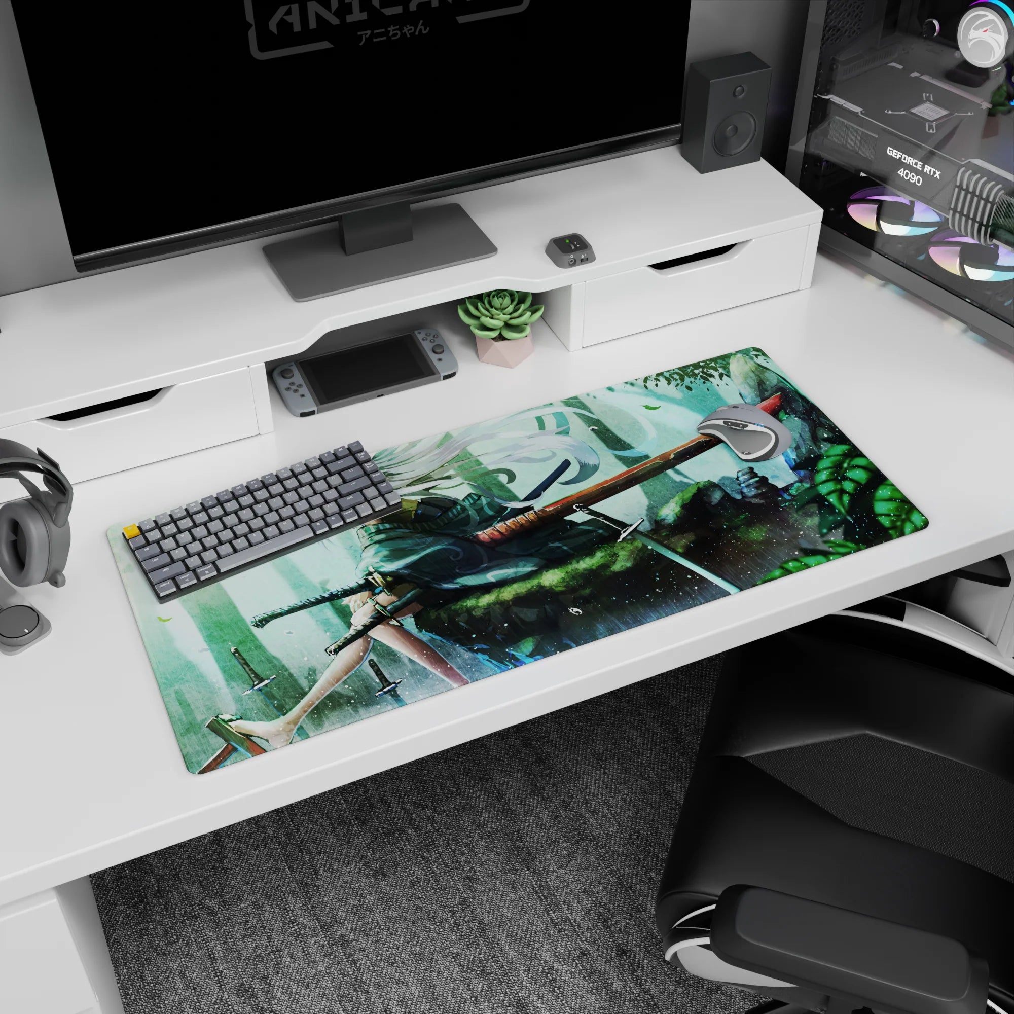 36x16 inches large mouse pad showing a wandering swordswoman on mossy stone, blade across her lap.