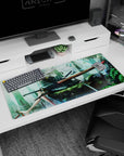 36x16 inches large mouse pad showing a wandering swordswoman on mossy stone, blade across her lap.