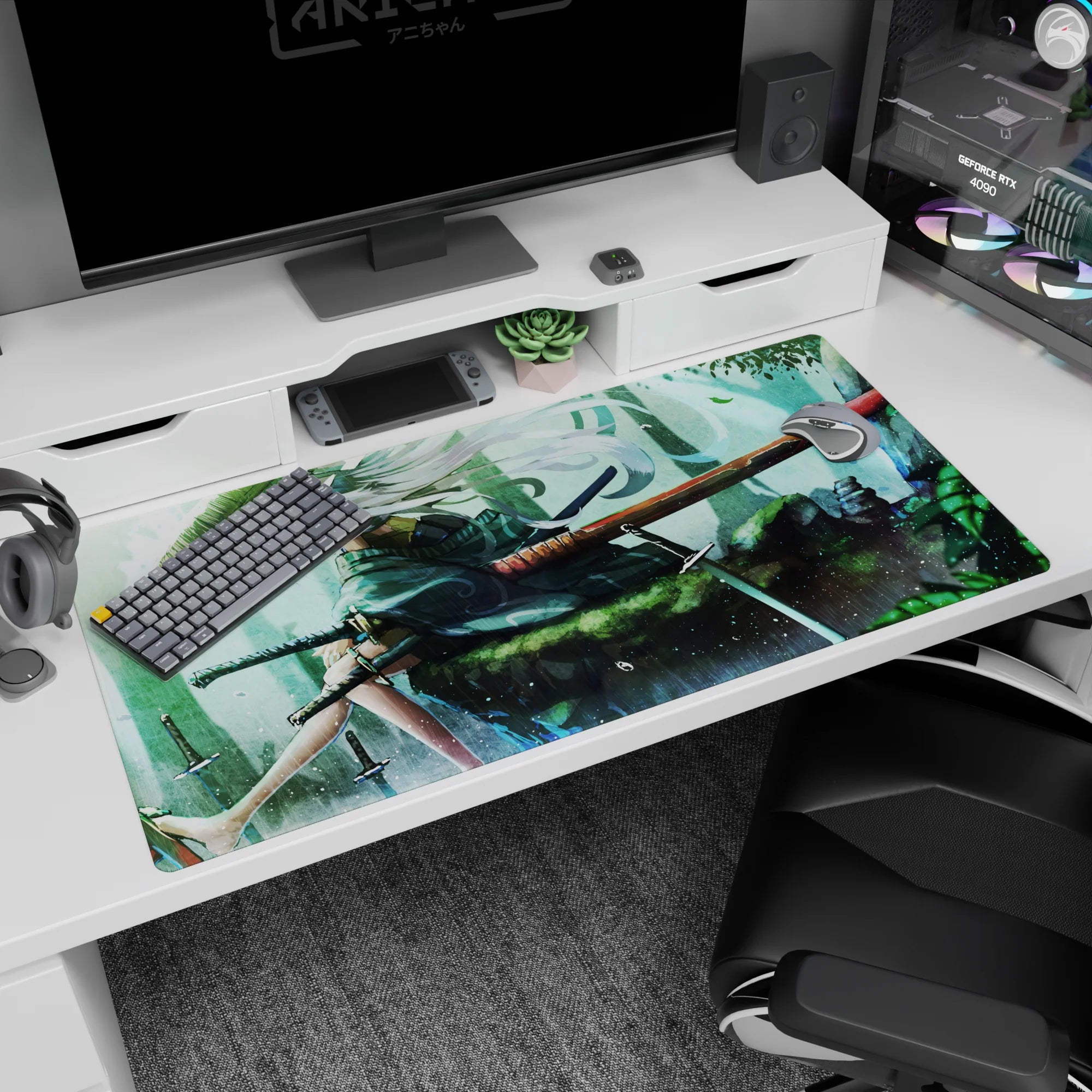 40x20 inches desk pad showing a wandering swordswoman in rain, hat low, blade across mossy stone.